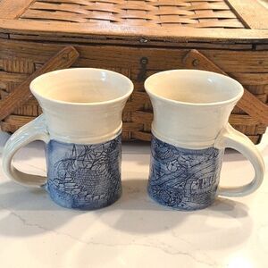 Hand Crafted Blue and Cream Art Pottery Coffee Cups Vintage Tea Mugs Set of 2